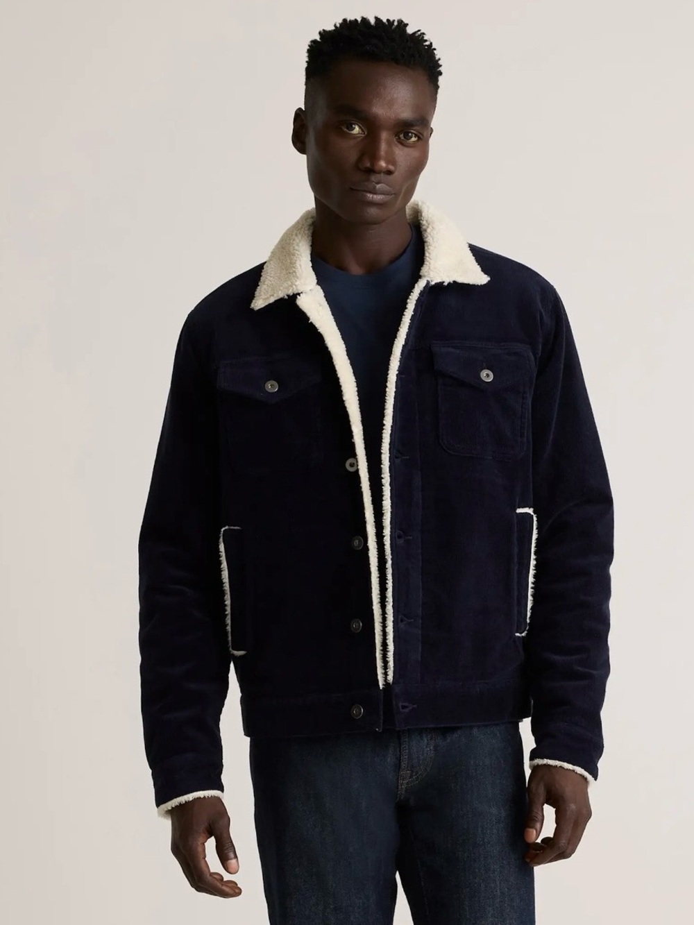 Quince Sherpa-Lined Corduroy Trucker Jacket - Navy/Off-White